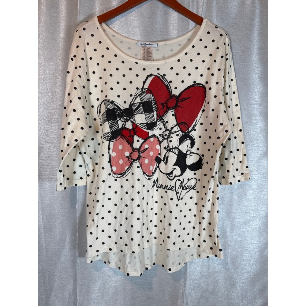 Disney Parks Minnie Mouse Polka Dot Top XXL 3/4 Sleeve Bow Graphic Tee‎